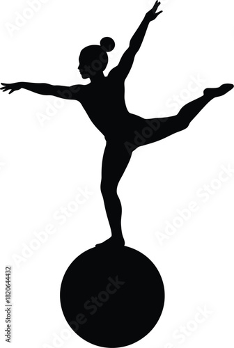 Silhouette of a female gymnast balancing on a large ball in a graceful pose on a white background woman