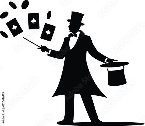 Silhouette of a magician performing a card trick with a top hat and wand illusion