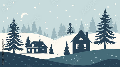 Charming winter village scene with falling snow, cozy houses, and majestic pine trees in serene landscape
