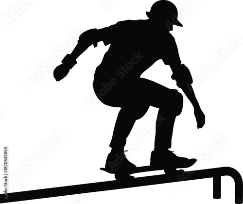 Silhouette of a skateboarder grinding on a rail on a white background Keywords: silhouette, skateboarder, skateboarding, person, man, grinding, rail, trick, stunt, sport