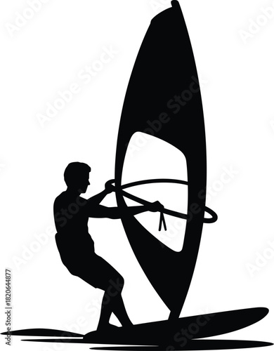Silhouette of a windsurfer on a white background Keywords: silhouette, windsurfer, windsurfing, person, man, sailing, water sport, ocean, sea, waves, board, sail, wind