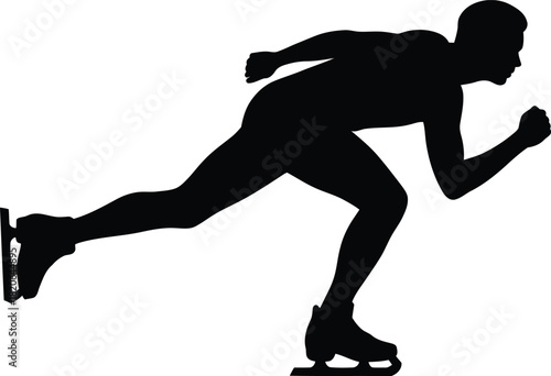 Silhouette of a speed skater in motion on a white background Keywords: speed skating, silhouette, skater, ice skating, sport, athlete, motion, speed, winter sport, race