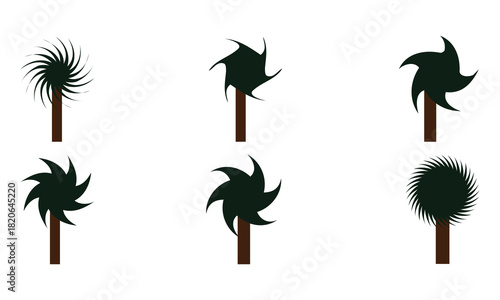 Abstract palm tree icon set with rotating spiral leaves and modern tropical design vector