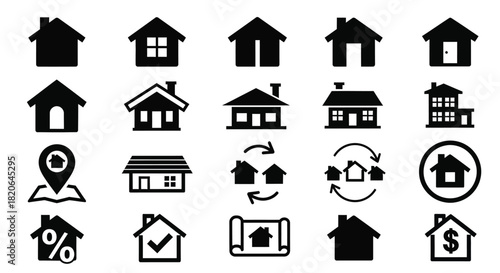 Collection of diverse house icons representing real estate options and home ownership concepts.
