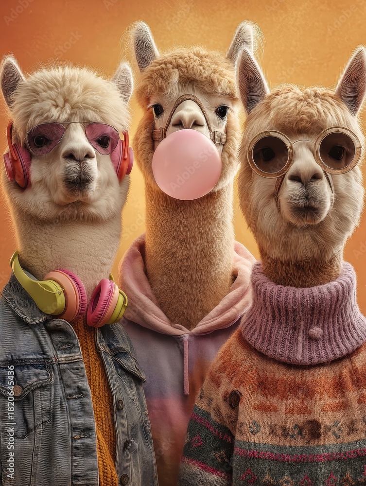 Fototapeta premium Tres alpacas con estilo, cada una con su propio look y actitud.