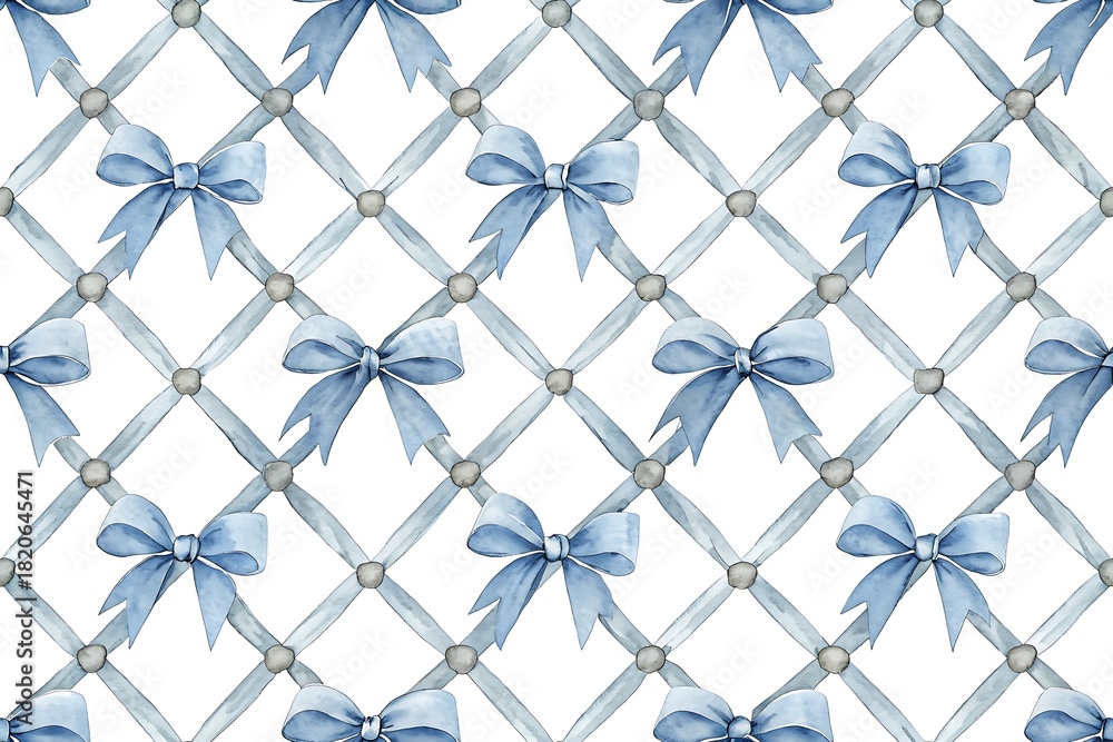 Naklejka premium Delicate watercolor seamless pattern featuring light blue bows and a subtle grey lattice background for elegant design