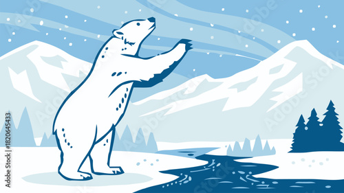Majestic polar bear reaches for the aurora borealis in a stunning arctic winter wonderland scene