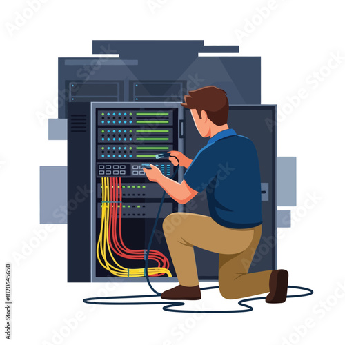 IT technician connecting server cables in data center for optimal network