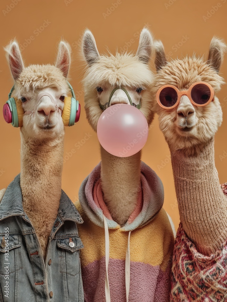 Naklejka premium Tres alpacas con estilo posando con actitud.