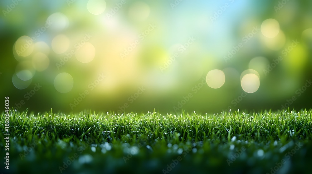 Obraz premium Close-up view of fresh green grass under soft sunlight in a tranquil outdoor setting