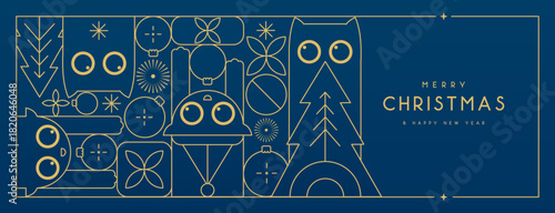 Line art Christmas holiday greeting card with funny cats on blue background. Vector illustration