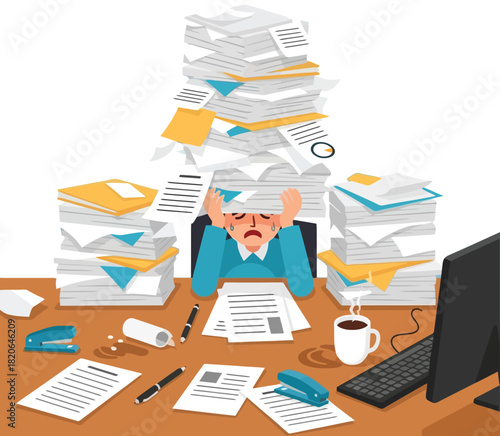 Overwhelmed worker buried under paperwork deadline stress and burnout