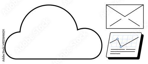 Cloud outline, email envelope, and analytics dashboard with graph represent data storage, communication, and insights. Ideal for technology, cloud computing, email, analysis productivity remote