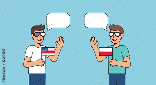 Two friends sharing ideas and communicating with flags of USA and Poland