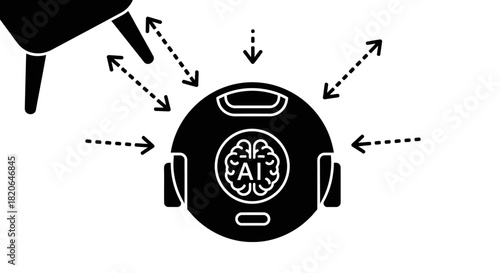 A robot head with an AI brain is being directed by a hand.