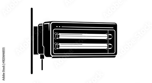Illustration of a wall-mounted tanning bed with two fluorescent tubes, depicted in black and white.