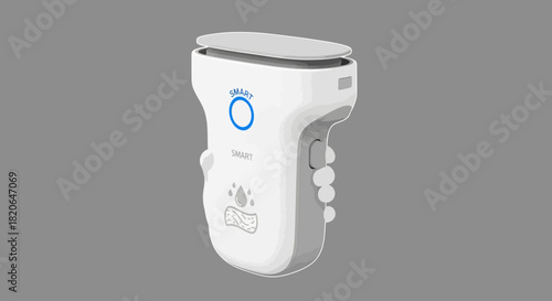 A handheld, white and gray pet grooming device with a blue light and buttons.