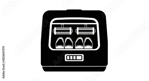 A black and white illustration of a sterilizer with items inside, ready for use.