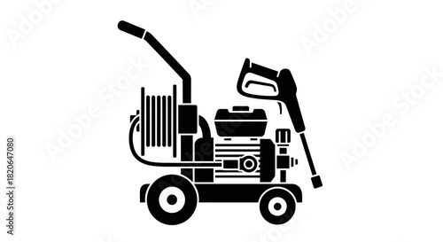 Black and white illustration of a pressure washer machine on wheels with a hose and spray gun.