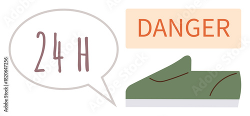 Green shoe with a white sole, speech bubble with 24 H, and orange DANGER banner. Ideal for safety, footwear, caution, alert, time-critical warnings, workplace hazards simple flat metaphor