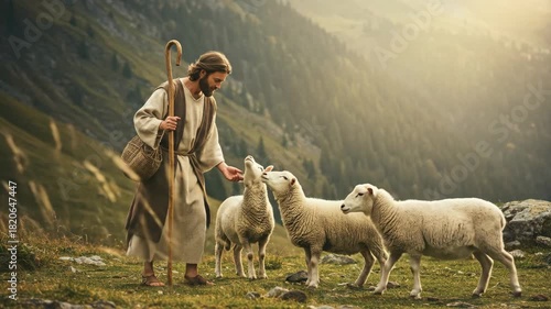 Good shepherd man interacting with three sheep in a green mountain landscape, depicting christian biblical concept.