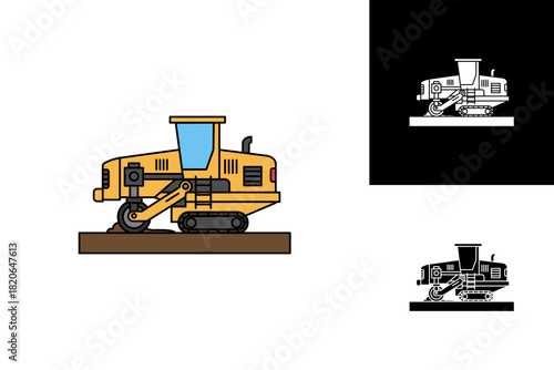 Flat design illustration of a powerful yellow asphalt paver, an essential heavy machine for road construction, infrastructure development, and ground surfacing projects
