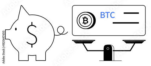 Piggy bank with dollar symbol contrasted by scale weighing cryptocurrency BTC. Ideal for blockchain, digital finance, investments, saving, fintech, modern money, financial literacy. Simple flat