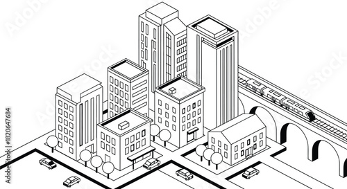 Isometric view of a modern city skyline with a train on an elevated track