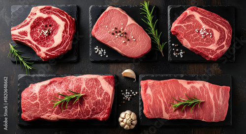 Slices of Premium Raw Beef Steaks Arranged on Slate Boards, Garnished with Rosemary
