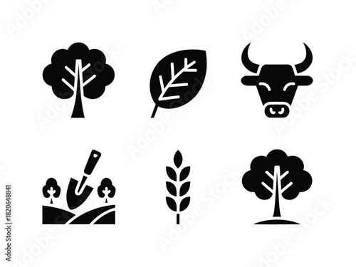 Illustration of trees leaf bull shovel wheat and more trees on white