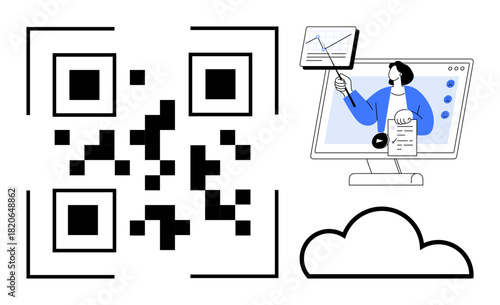 QR Code concept. QR Code enables business analytics and secure cloud computing. QR Code enhances online communication and information transfer. For business, marketing, education, technology