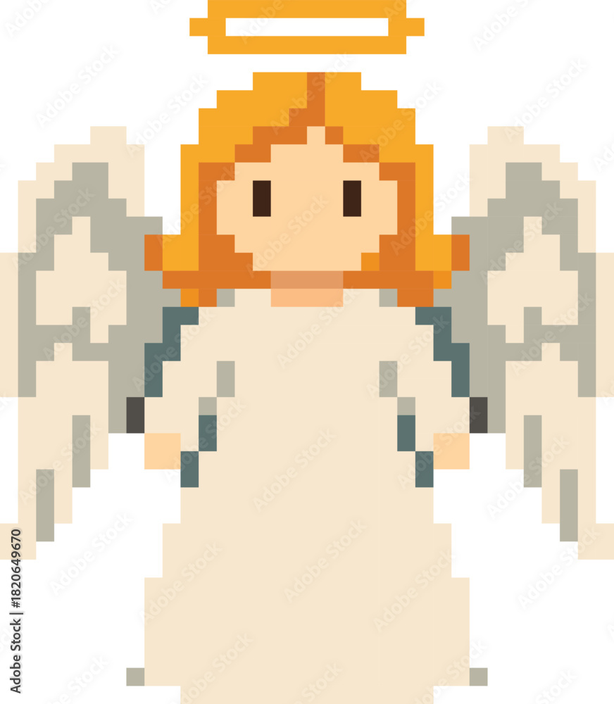Fototapeta premium A cute 8 bit retro pixel art angel with golden hair, soft wings, and a glowing halo for Christmas designs, video-game–inspired art, festive greeting cards, decorations., invitations, banners