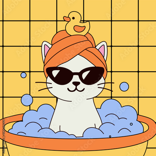 Relaxed Cat Soaking in Bubble Bath Art