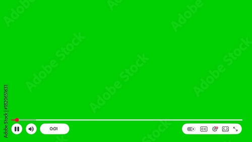 youtube video player UI on a chroma-green background. Playback HUD with timeline, play pause, volume, captions, settings, theater and fullscreen icons. Vlog social media interface. Blog publication.