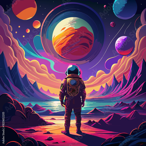 Astronaut exploring alien planet landscape
