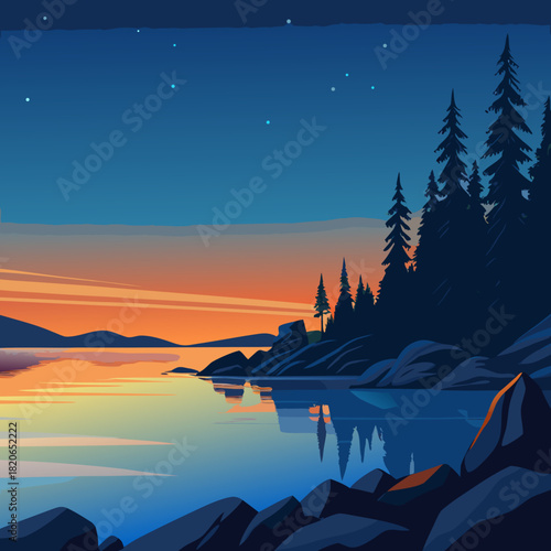 Lake landscape at twilight with stars