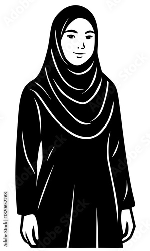 Simple black graphic illustration of a modern Muslim woman wearing a hijab (headscarf) and modest dress