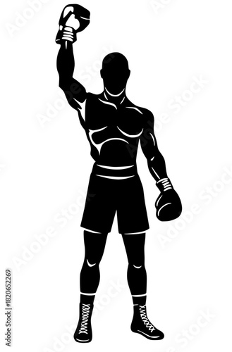 Muscular boxer silhouette in a pose of victory, with one gloved arm raised in triumph.