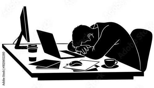 Exhausted employee or student asleep at a desk, slumped over a laptop, surrounded by coffee cups and paperwork. Black silhouette symbolizing burnout, overtime, stress, fatigue, and overwork in the mod