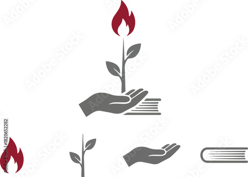 Flat Vector Set of Minimalist Elements Shaped Like Numeral "1" with Candle Flame, Sapling, Palm, and Book Spine in Monochrome with Accent Color for Symbolic and Educational Concept