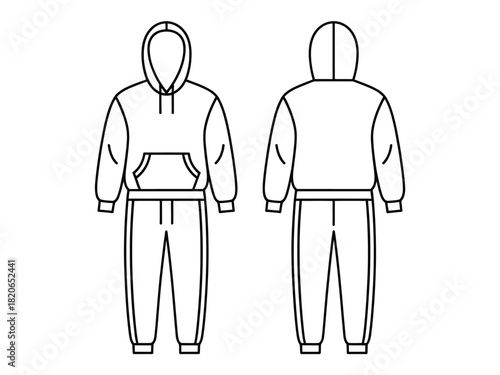 Illustration of a tracksuit with hoodie and pants front and back view