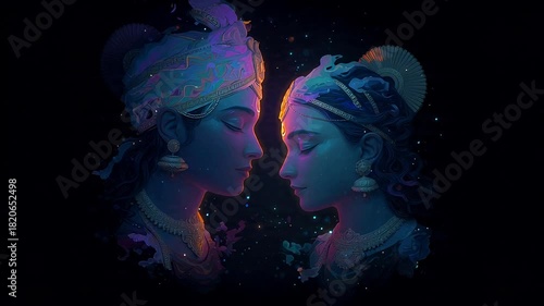 Digital Artwork of Krishna and Radha Facing Each Other with Traditional Attire and Jewelry in a Mystical Style