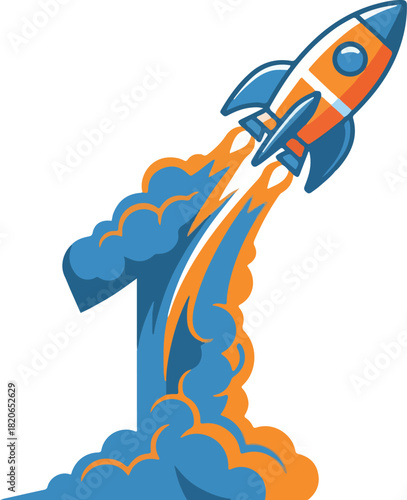 Flat Vector of a Rocket Launching with Smoke Trail Curving to Form the Shape of "1" for New Year or Achievement Concept