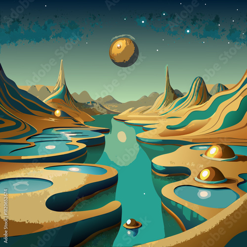 Alien landscape with glowing planet and water