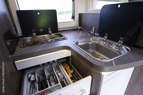 small kitchen in a camper van