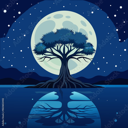 Tree reflection under moonlight