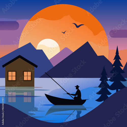 Fishing at sunset on a tranquil lake
