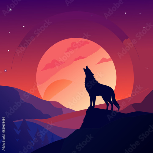 Wolf howling at the full moon in a mountain landscape
