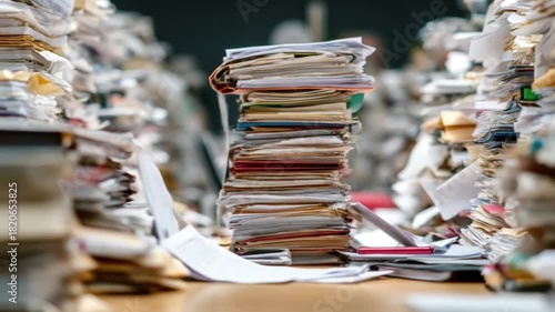 A messy office desk with a tall central stack of folders amid flurry of scattered papers in focus.!!