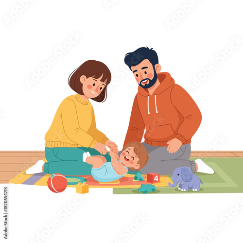 Parents playing happily with their baby on the floor at home together